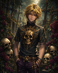 GRID THUMBNAIL — Androgynous, golden-haired figure in an ornate black shirt with a gilded skull emblem, surrounded by roses, human skulls and iron crosses in a sunlit cemetery.
