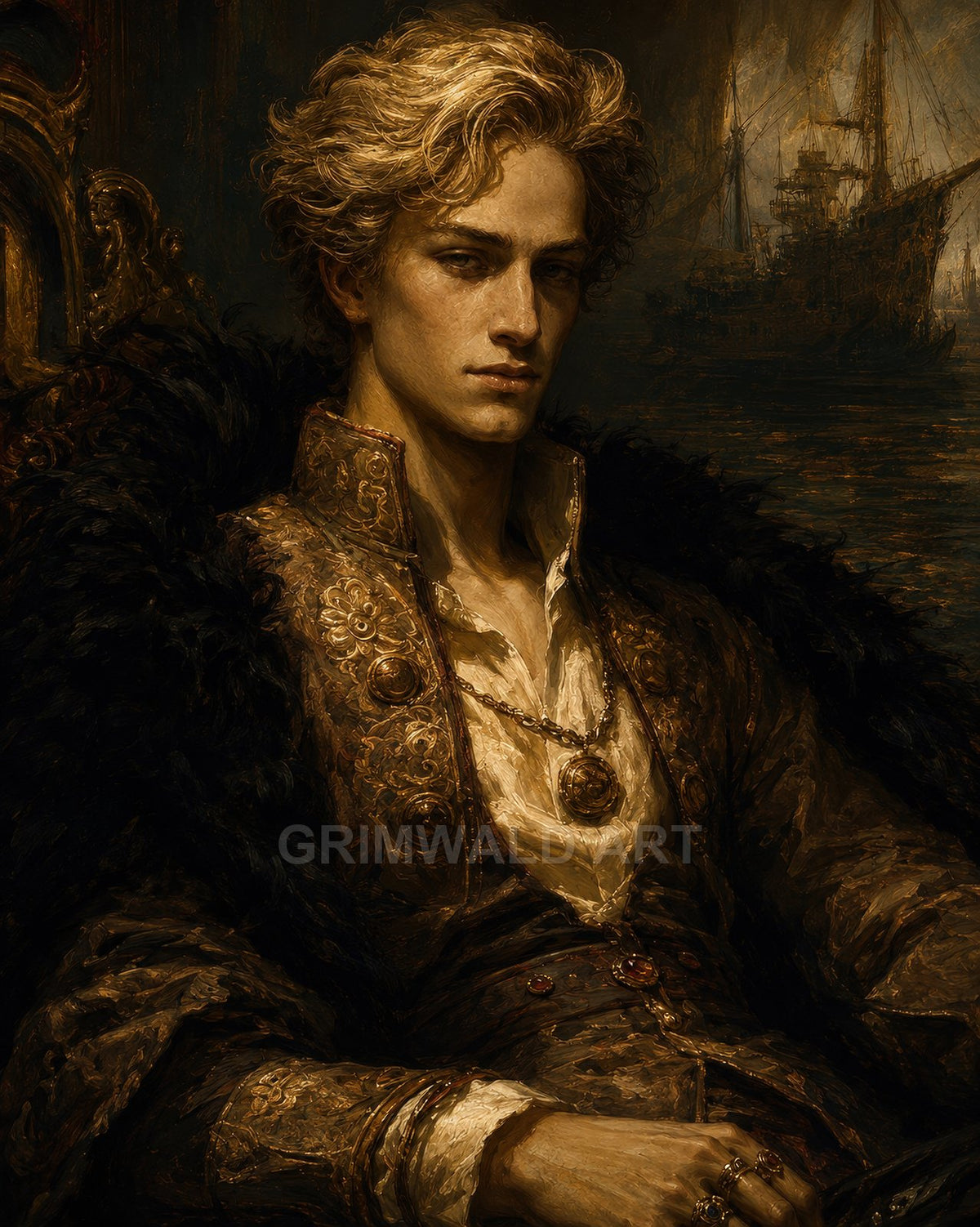 Portrait of a blond aristocratic man in ornate brocade coat and pendant, seated before harbour ships at twilight, moody brown-gold painterly style.