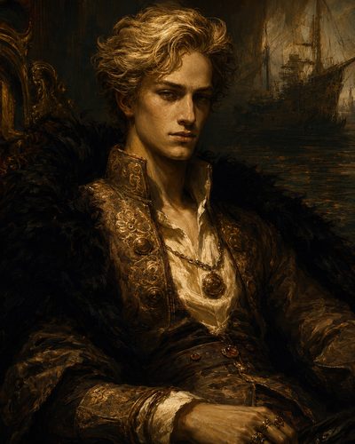 GRID THUMBNAIL — Portrait of a blond aristocratic man in ornate brocade coat and pendant, seated before harbour ships at twilight, moody brown-gold painterly style.