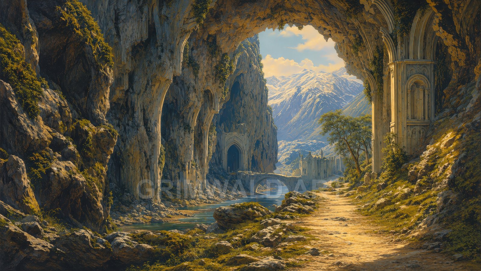 Gilded Hollow Gate – Retro Fantasy Landscape Art