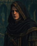 GRID THUMBNAIL — Portrait of a young hooded man in a dark, gold-trimmed cloak, standing before blurred gothic arches, soft firelit tones and contemplative expression.