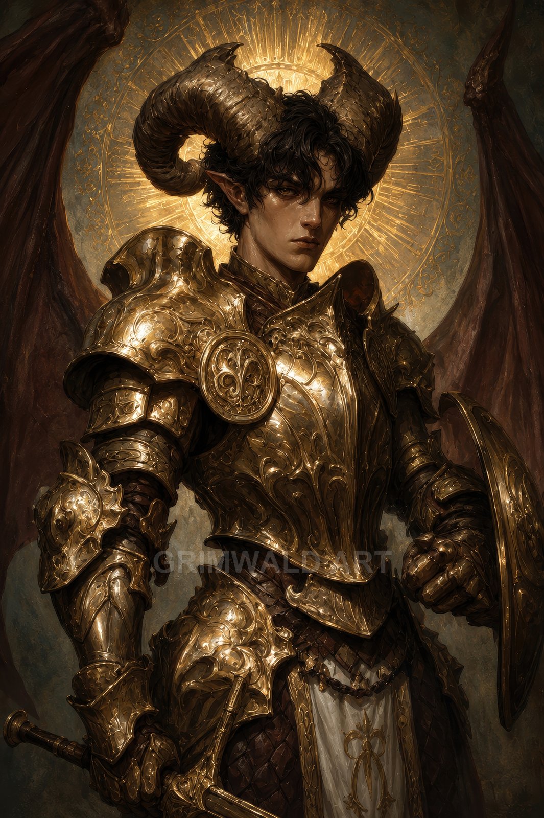 Horned armoured figure with bat wings and golden halo, holding sword and shield, wearing ornate gilded plate, dark hair, solemn gaze.