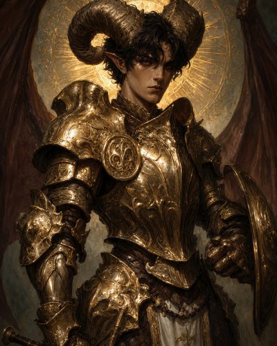 GRID THUMBNAIL — Horned armoured figure with bat wings and golden halo, holding sword and shield, wearing ornate gilded plate, dark hair, solemn gaze.
