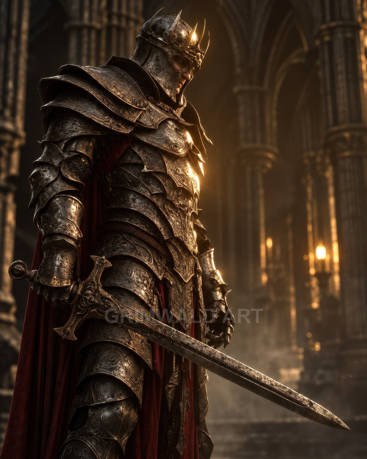 Crowned armoured knight holding a sword inside a gothic cathedral, ornate gold-toned plate and crimson cloak lit by warm firelight with drifting dust motes.