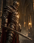 GRID THUMBNAIL — Crowned armoured knight holding a sword inside a gothic cathedral, ornate gold-toned plate and crimson cloak lit by warm firelight with drifting dust motes.
