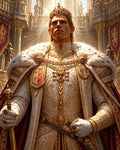 GRID THUMBNAIL — Regal king in ornate gold-embroidered robes and jewelled crown holding a sceptre inside a grand cathedral, sunbeams illuminating banners and statues.
