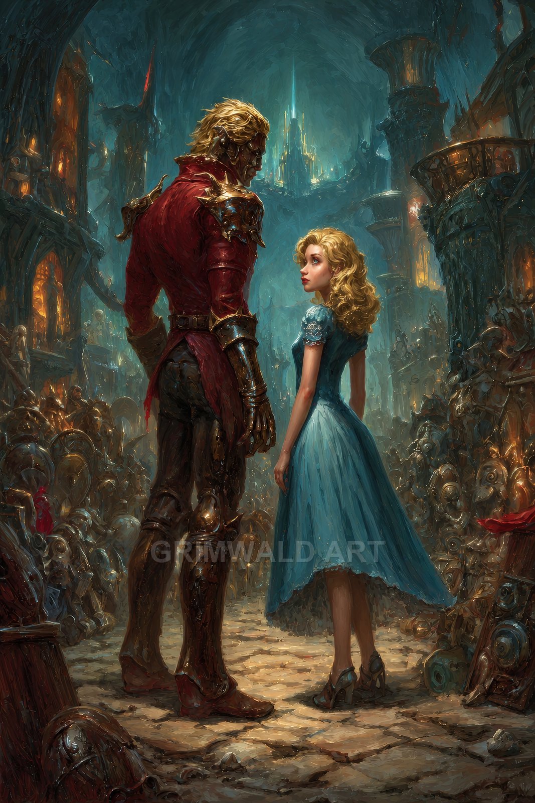 An armoured knight and blonde woman in a blue dress stand on a cobbled path within a vast firelit city surrounded by ranks of armour.