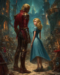 GRID THUMBNAIL — An armoured knight and blonde woman in a blue dress stand on a cobbled path within a vast firelit city surrounded by ranks of armour.