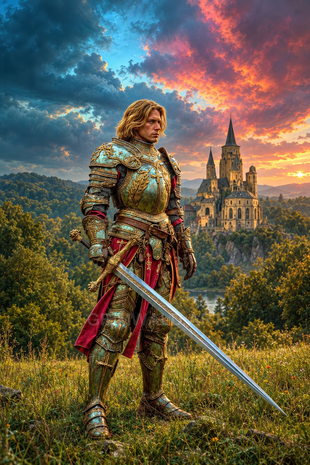 Golden-armoured knight with red cape holding a longsword on a grassy hill, with a spired castle and dramatic sunset clouds in the background.