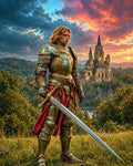 GRID THUMBNAIL — Golden-armoured knight with red cape holding a longsword on a grassy hill, with a spired castle and dramatic sunset clouds in the background.