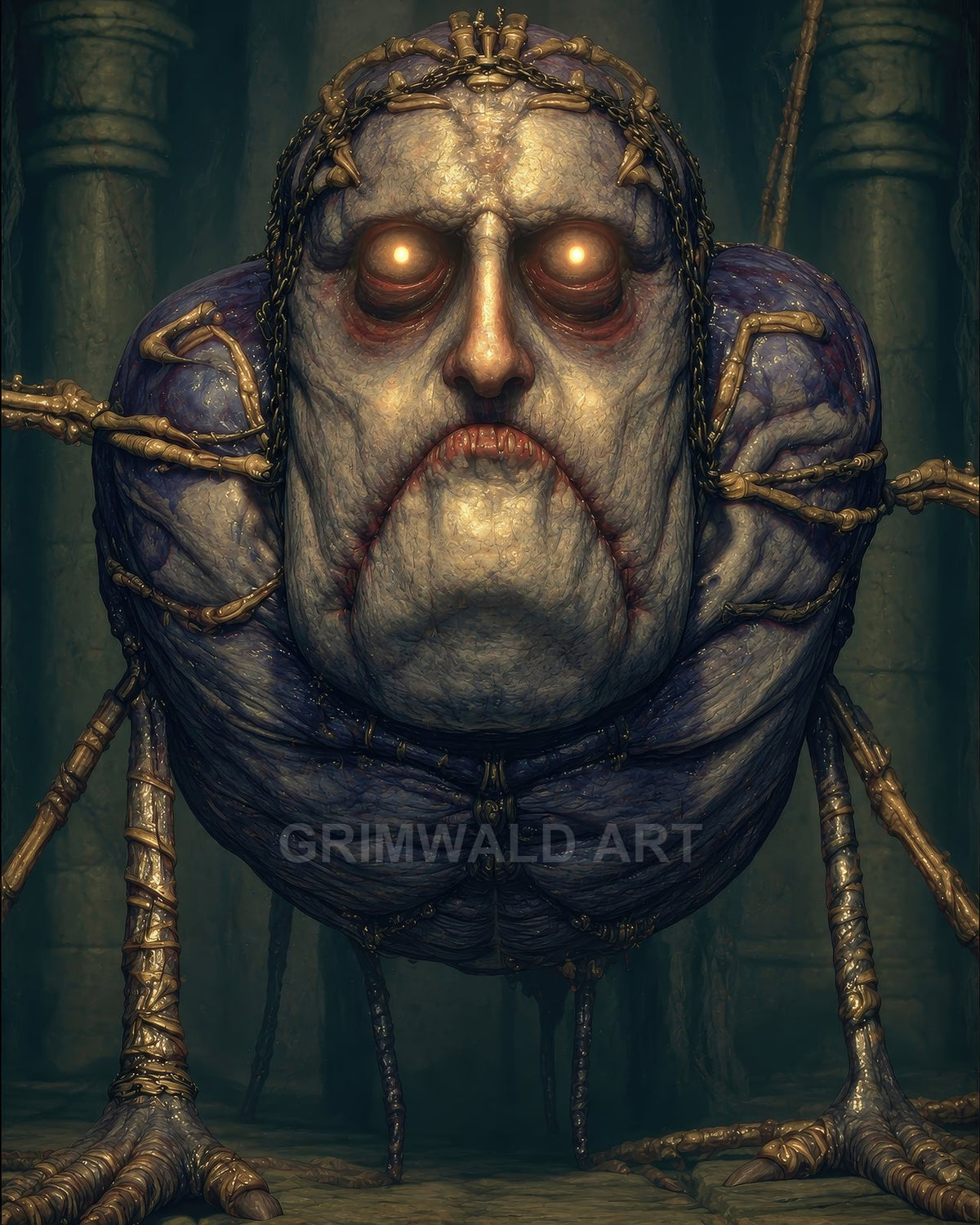 Grotesque, bloated demon with spider-like legs and glowing eyes stands in a dim stone dungeon, bound by gilded chains and skeletal braces.