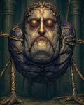 GRID THUMBNAIL — Grotesque, bloated demon with spider-like legs and glowing eyes stands in a dim stone dungeon, bound by gilded chains and skeletal braces.