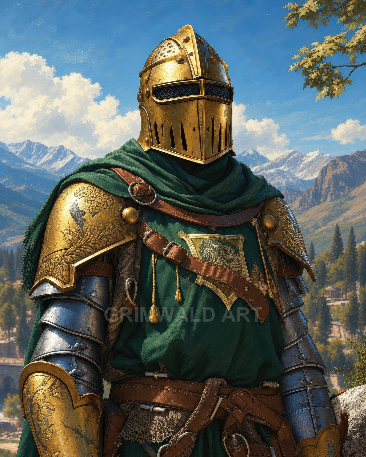 An ornate armoured knight with a gold helmet and green surcoat stands before distant mountains under a bright blue day sky.