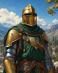 GRID THUMBNAIL — An ornate armoured knight with a gold helmet and green surcoat stands before distant mountains under a bright blue day sky.