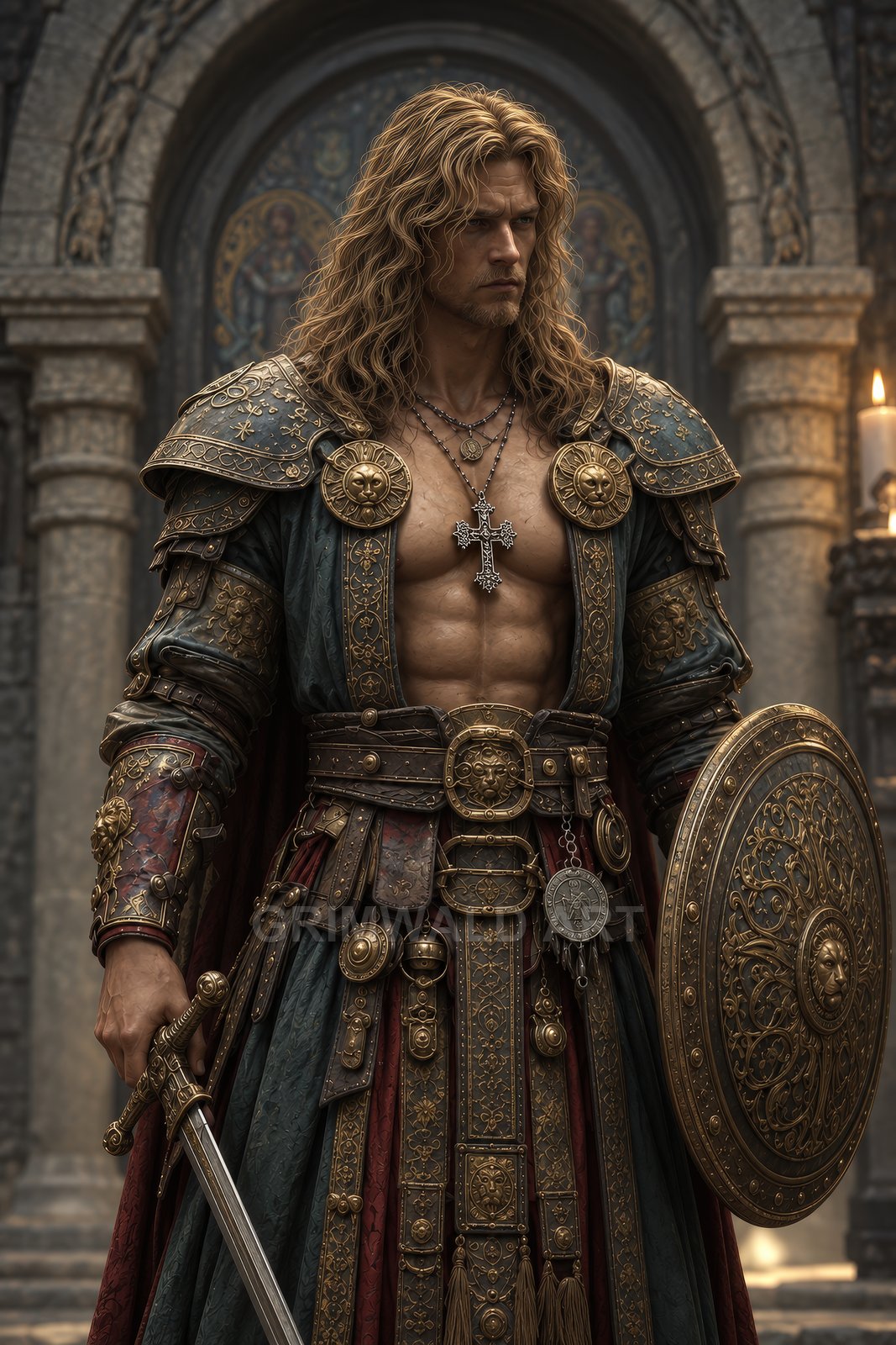 Armoured male paladin with long hair stands before ornate cathedral doorway, holding a gilded shield and sword, wearing intricate belts and religious pendants.