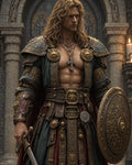 GRID THUMBNAIL — Armoured male paladin with long hair stands before ornate cathedral doorway, holding a gilded shield and sword, wearing intricate belts and religious pendants.