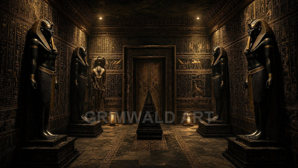 Dimly lit ancient Egyptian tomb chamber with black pharaoh statues, hieroglyphic walls, a central stepped pyramid altar, carved door, and lanterns casting golden light.