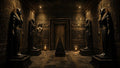 GRID THUMBNAIL — Dimly lit ancient Egyptian tomb chamber with black pharaoh statues, hieroglyphic walls, a central stepped pyramid altar, carved door, and lanterns casting golden light.