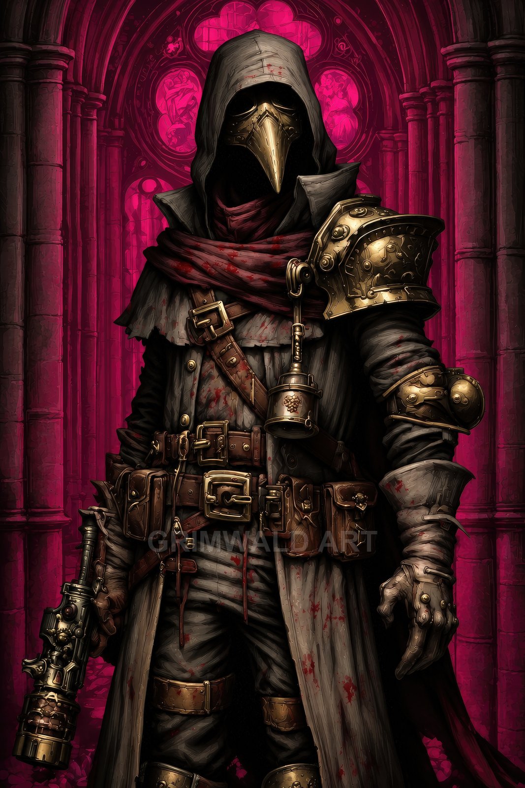 Hooded plague doctor with beaked mask, gilded shoulder armour and ornate pistol stands before crimson stained-glass cathedral arches, robes spattered with blood.