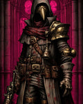 GRID THUMBNAIL — Hooded plague doctor with beaked mask, gilded shoulder armour and ornate pistol stands before crimson stained-glass cathedral arches, robes spattered with blood.