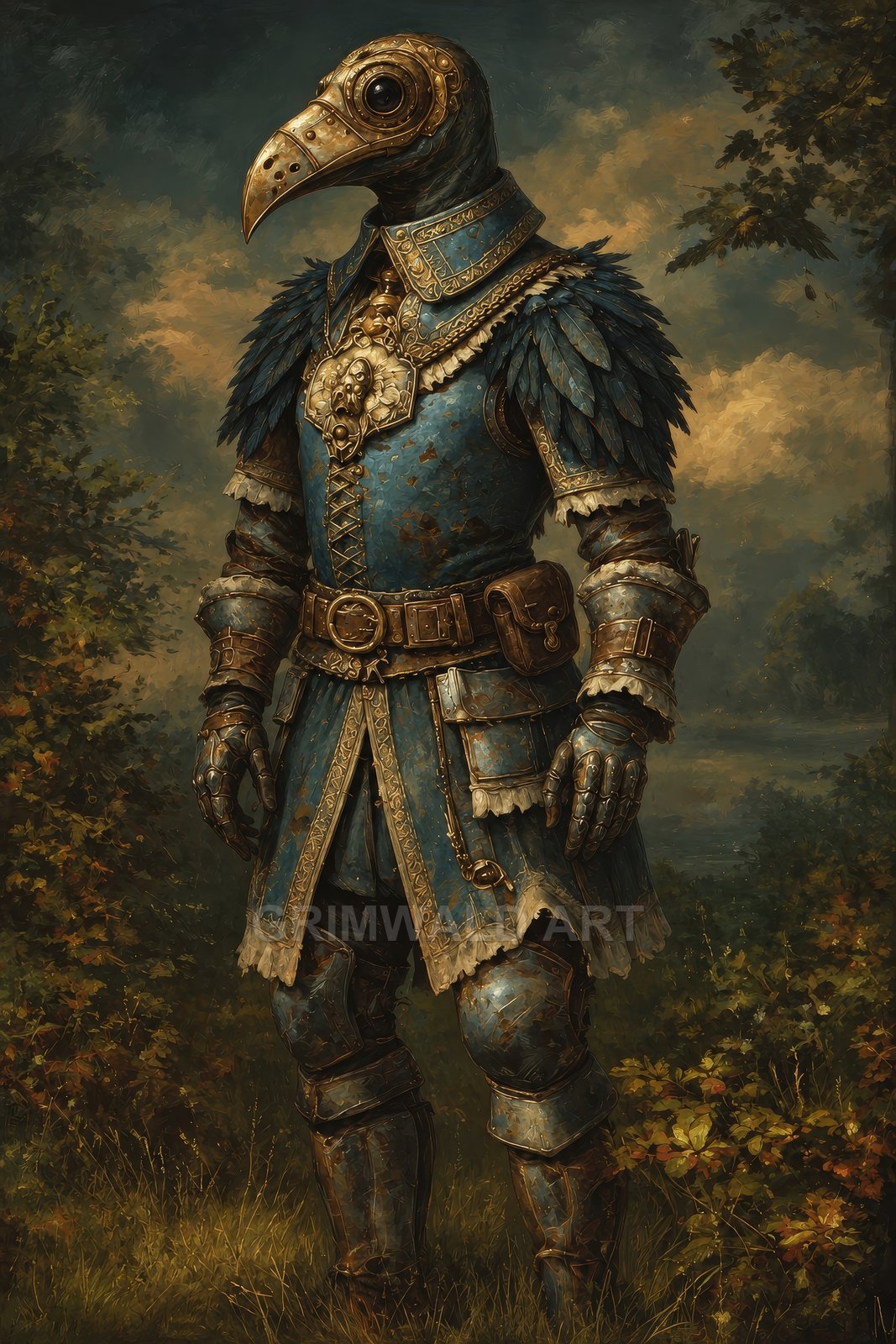 An armoured plague doctor in ornate blue and gold plate stands in a quiet forest, bird-beak mask and feathered pauldrons catching warm light.