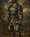 GRID THUMBNAIL — An armoured plague doctor in ornate blue and gold plate stands in a quiet forest, bird-beak mask and feathered pauldrons catching warm light.