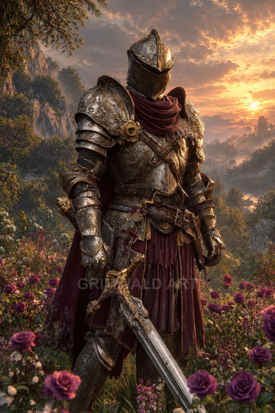 Ornately armoured knight with maroon cloak standing among roses, holding a sword, golden-hour sky and distant castle over wooded hills.