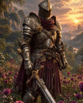 GRID THUMBNAIL — Ornately armoured knight with maroon cloak standing among roses, holding a sword, golden-hour sky and distant castle over wooded hills.