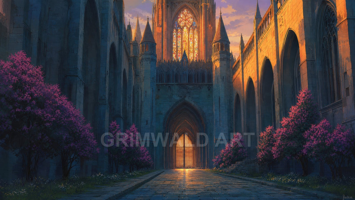 Gothic cathedral courtyard with glowing stained-glass rose window, sunlit arches, and pink flowering trees lining a cobbled path at golden hour.