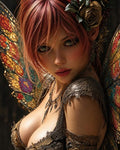 GRID THUMBNAIL — Close-up portrait of a red-haired fae woman with ornate butterfly wings, filigree armour and rose headdress, gazing intensely under warm, firelit shadows.