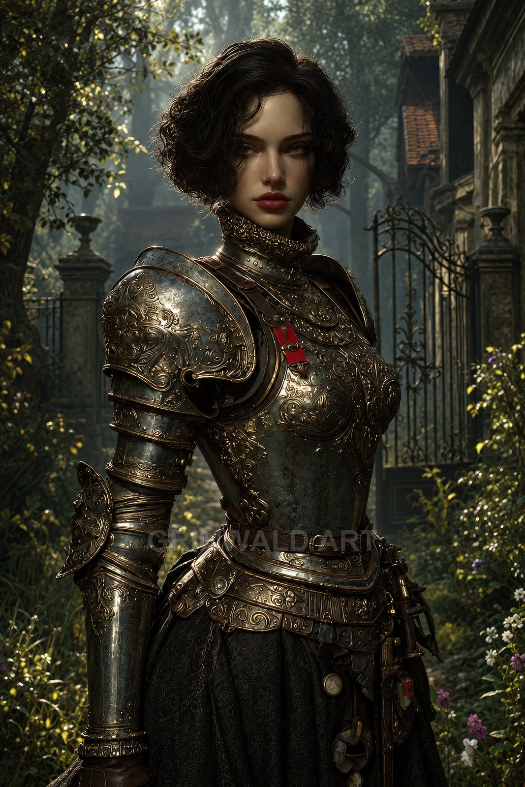 A female knight in ornate engraved plate armour stands before a wrought-iron gate and stone buildings, surrounded by sunlit foliage and flowers.