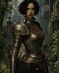 GRID THUMBNAIL — A female knight in ornate engraved plate armour stands before a wrought-iron gate and stone buildings, surrounded by sunlit foliage and flowers.