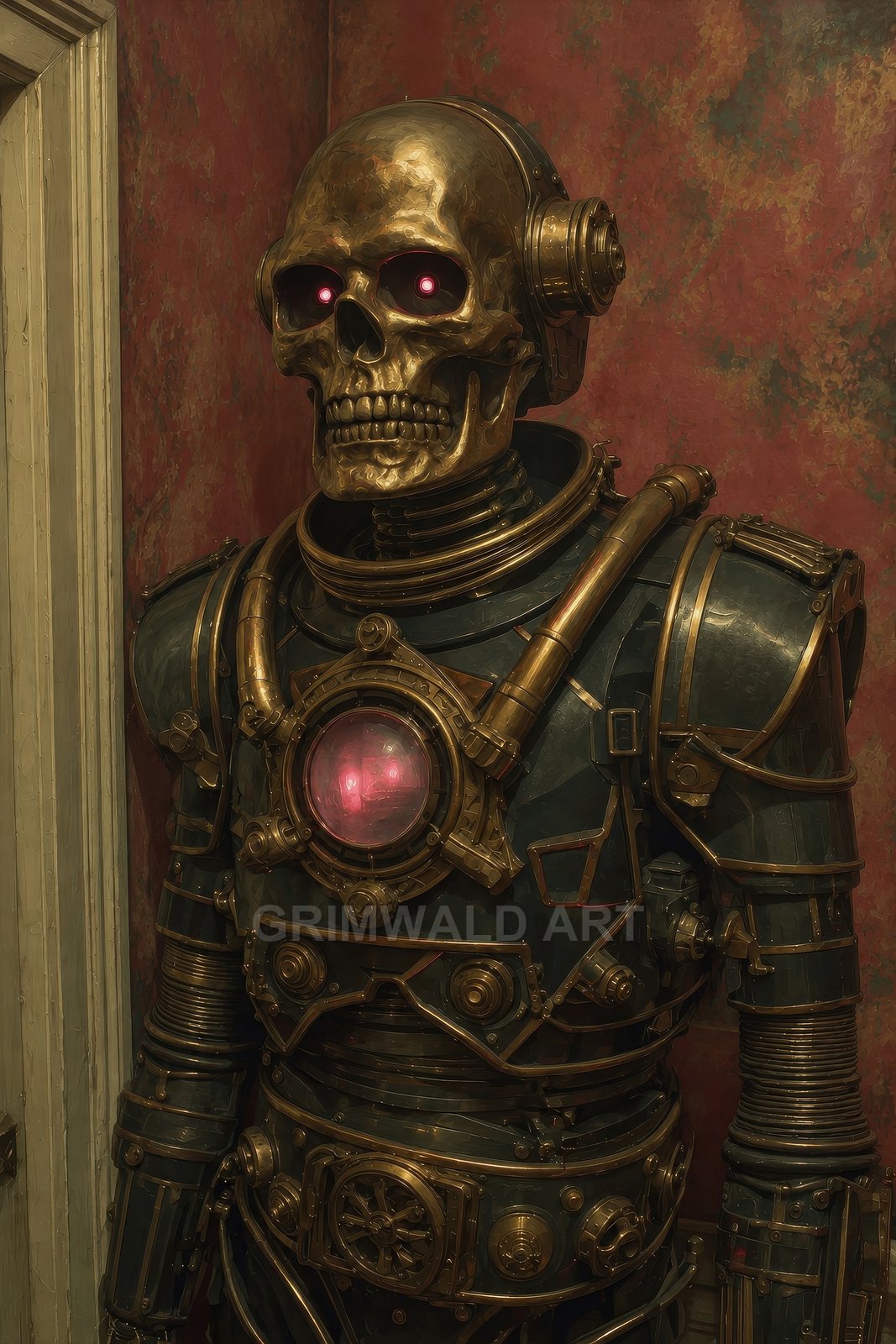 A steampunk robot with a golden skull, glowing red eyes, and a pink chest core stands against a worn red interior wall.