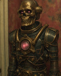 GRID THUMBNAIL — A steampunk robot with a golden skull, glowing red eyes, and a pink chest core stands against a worn red interior wall.