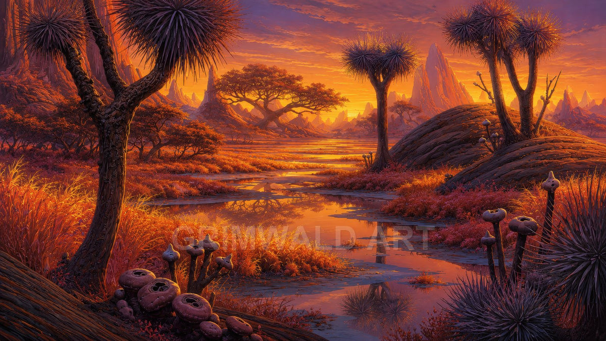 Sunset light gilds a fantasy marsh with reflective pools, spiky yucca-like trees, orange grasses, and distant rock spires under glowing clouds.