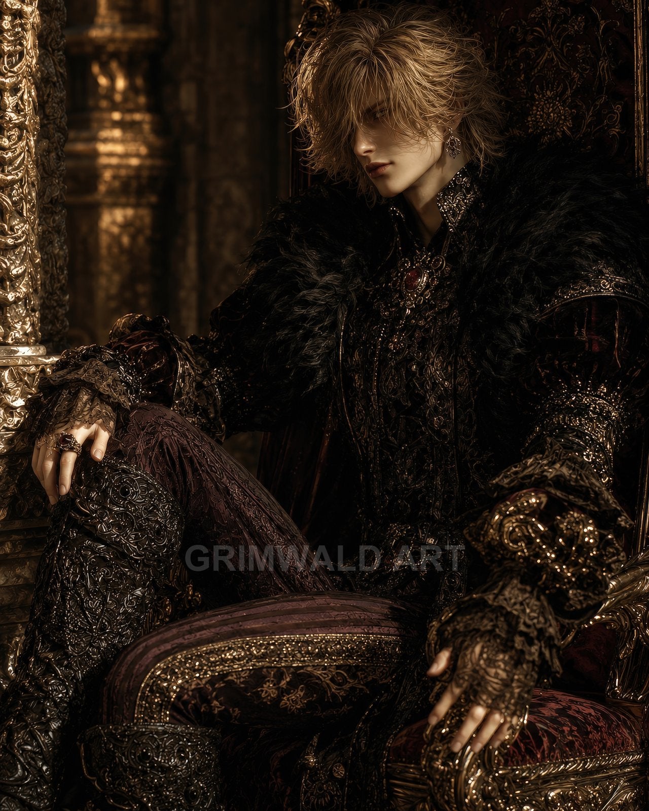 Androgynous royal figure in ornate dark brocade and jewellery reclines on a gilded throne, candlelit castle interior with rich gold detailing and fur mantle.