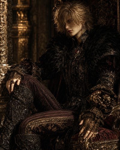 GRID THUMBNAIL — Androgynous royal figure in ornate dark brocade and jewellery reclines on a gilded throne, candlelit castle interior with rich gold detailing and fur mantle.