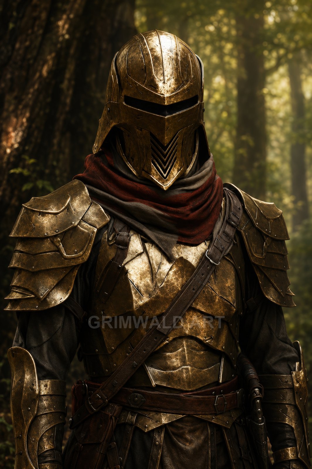 A gilded, visor-helmed knight with layered plate armour and a red scarf stands in a sunlit forest, leather straps and a sheathed sword visible.