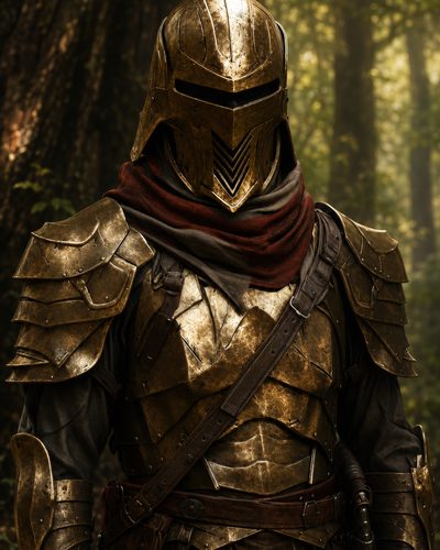 GRID THUMBNAIL — A gilded, visor-helmed knight with layered plate armour and a red scarf stands in a sunlit forest, leather straps and a sheathed sword visible.