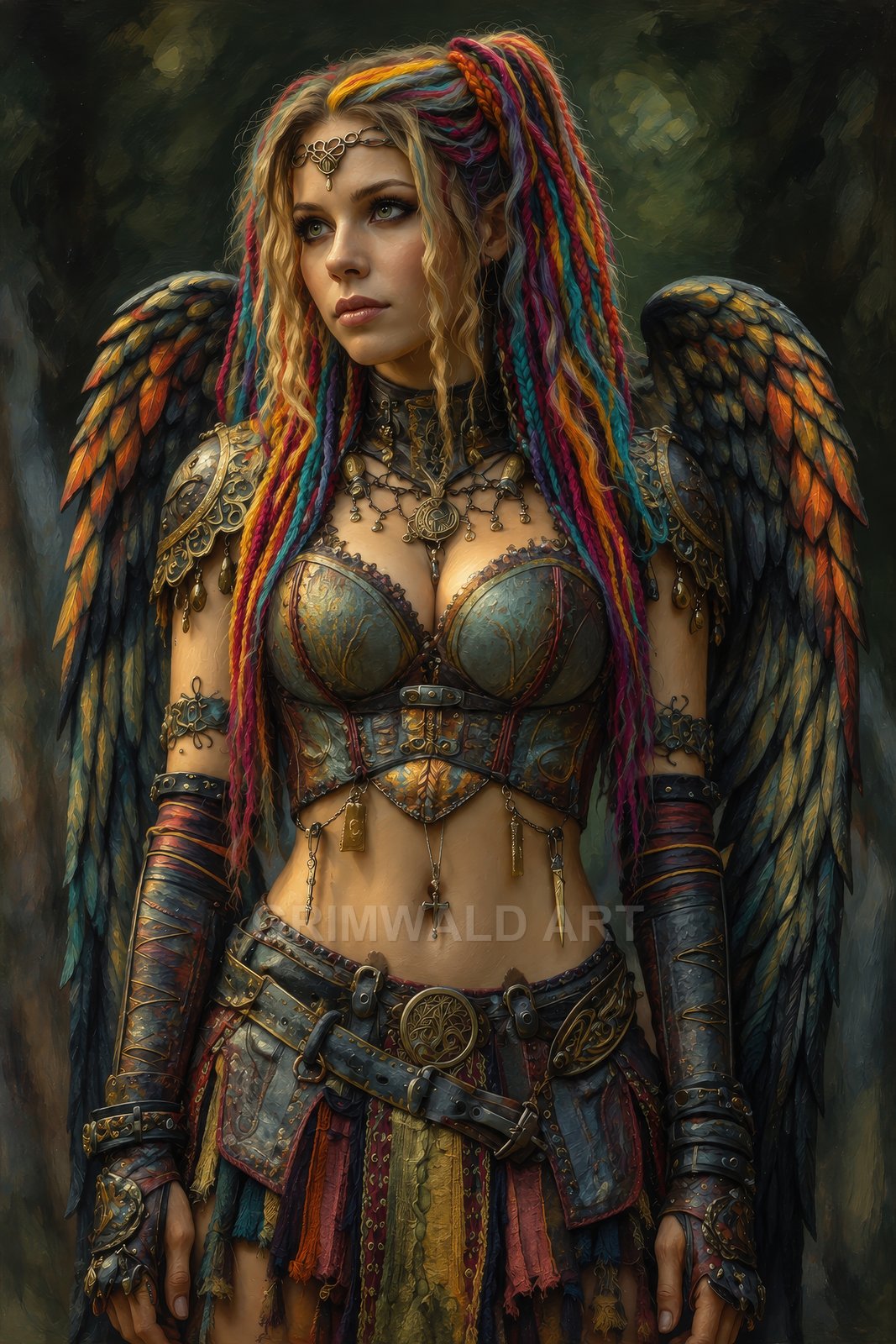Armoured winged woman with rainbow braids and ornate jewellery stands in a forest, teal breastplate and belts gleaming in daylight.