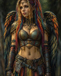 GRID THUMBNAIL — Armoured winged woman with rainbow braids and ornate jewellery stands in a forest, teal breastplate and belts gleaming in daylight.