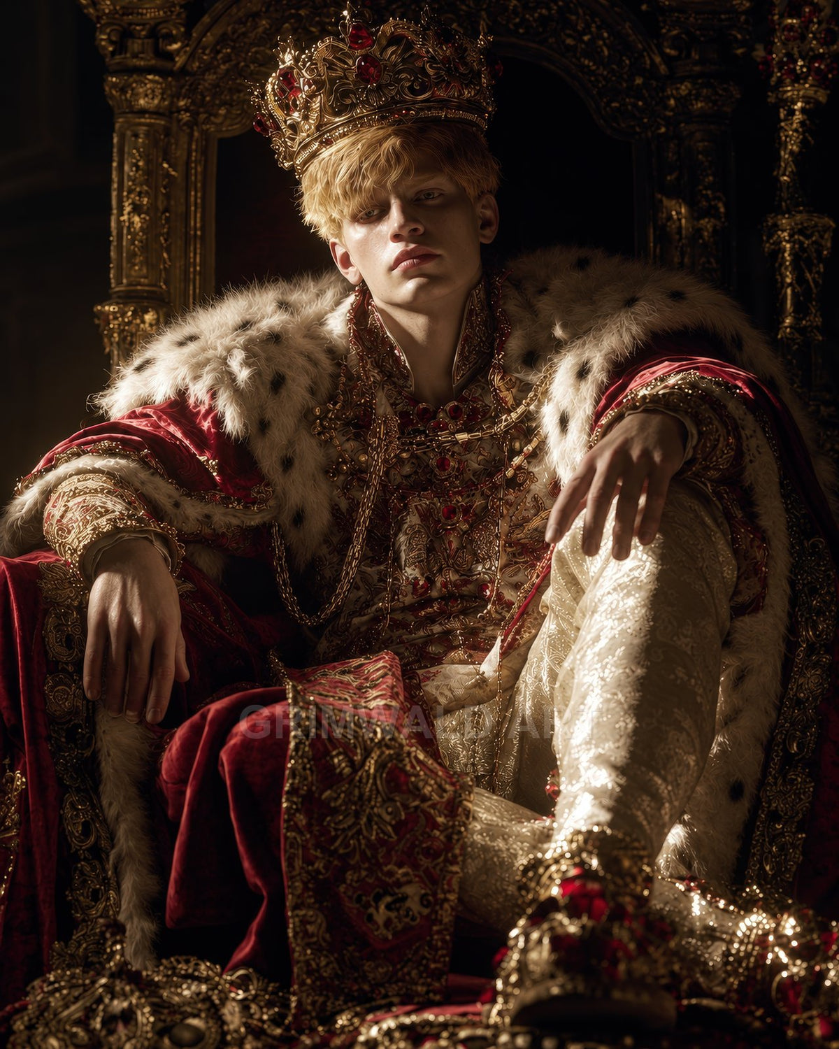 Young king in ornate gold crown and ermine cloak lounges on a gilded throne, richly embroidered red and gold garments glowing in a firelit hall.