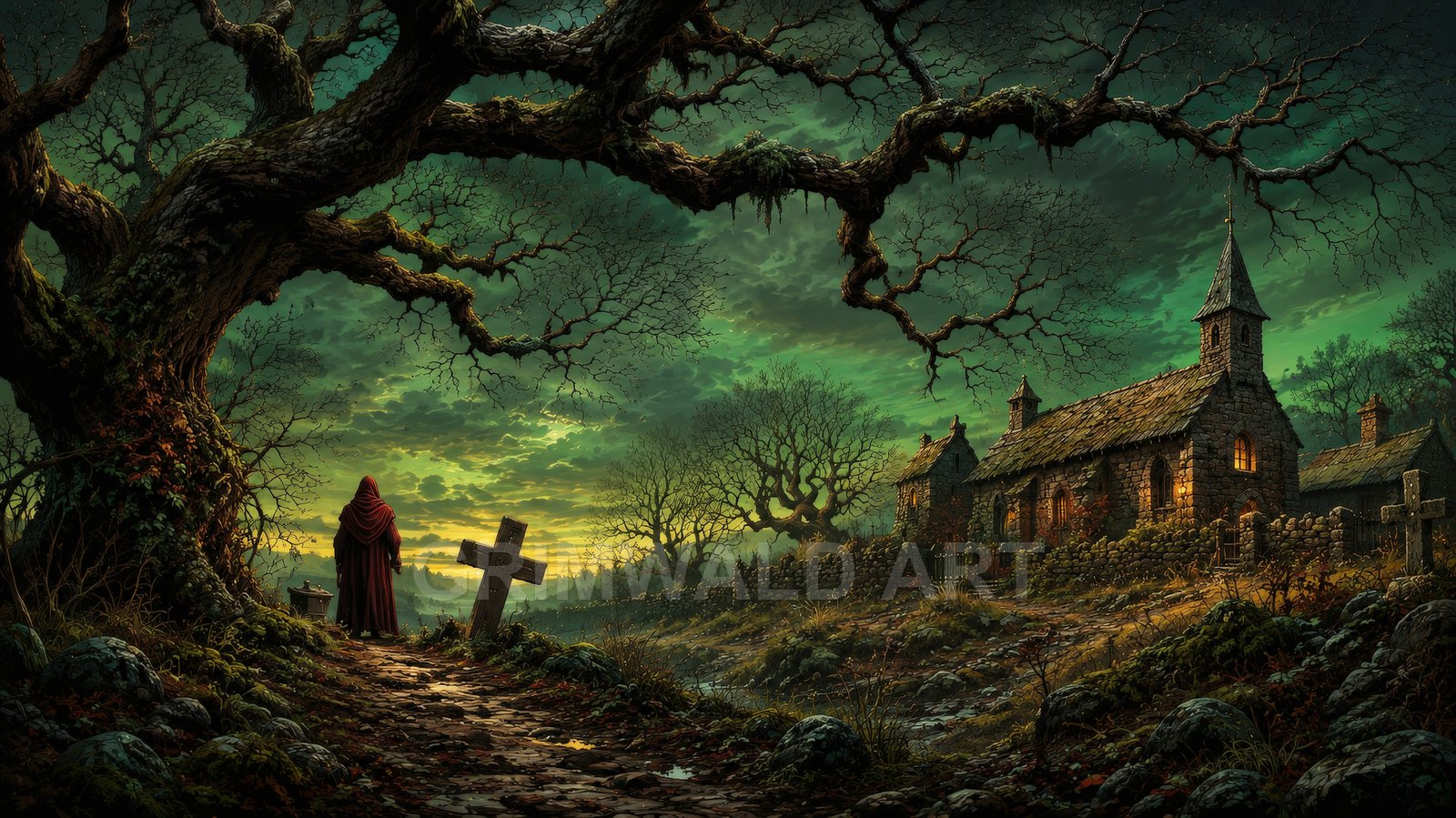 Twilight over a mossy churchyard with a gnarled tree, stone chapel glowing with warm light, crooked crosses, and distant misty hills.