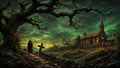 GRID THUMBNAIL — Twilight over a mossy churchyard with a gnarled tree, stone chapel glowing with warm light, crooked crosses, and distant misty hills.