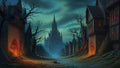 GRID THUMBNAIL — A deserted cobblestone street flanked by timber houses leads to a towering Gothic castle under a teal twilight sky, with warm door lights glowing.