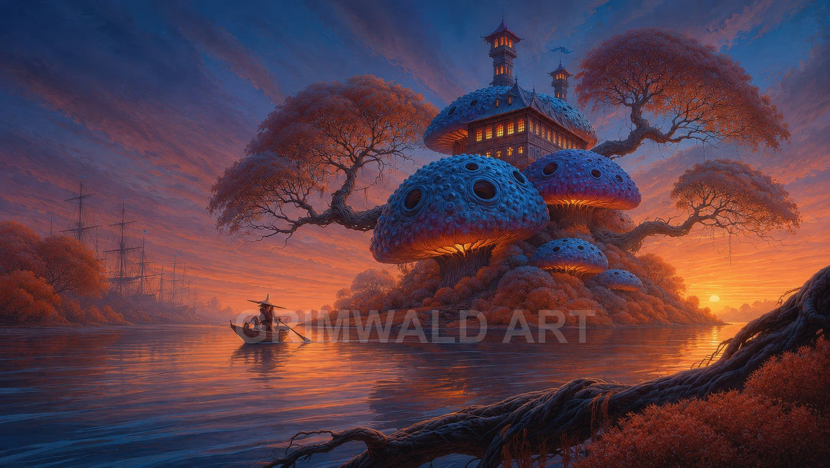 Fantasy island of giant blue mushrooms supporting a lantern-lit pagoda at sunset, with a lone rowboat and distant tall-masted ships on the river.