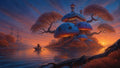 GRID THUMBNAIL — Fantasy island of giant blue mushrooms supporting a lantern-lit pagoda at sunset, with a lone rowboat and distant tall-masted ships on the river.