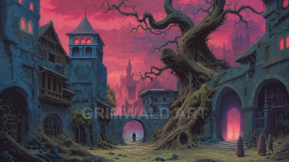 Abandoned stone ruins and a twisted tree beneath a pink sunset sky, glowing windows and portal, distant castle silhouettes, lone rider under an arch.