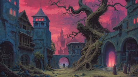 GRID THUMBNAIL — Abandoned stone ruins and a twisted tree beneath a pink sunset sky, glowing windows and portal, distant castle silhouettes, lone rider under an arch.