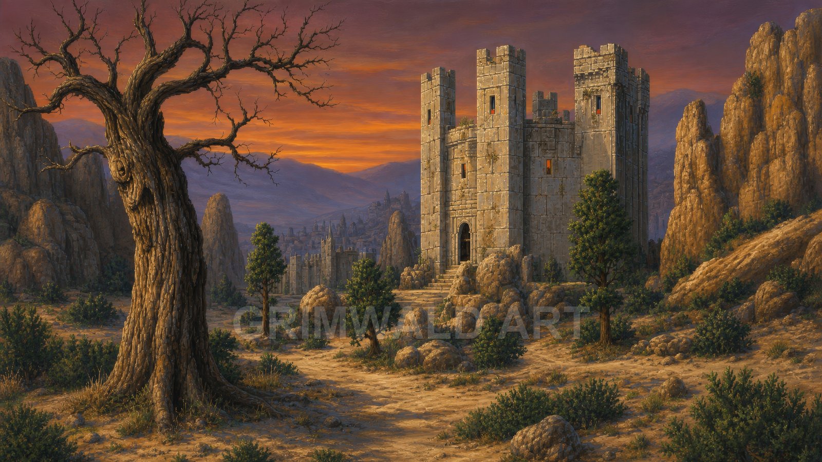 Stone keep with glowing windows stands among rocky hills at sunset, a gnarled leafless tree in foreground and a distant walled town beyond.